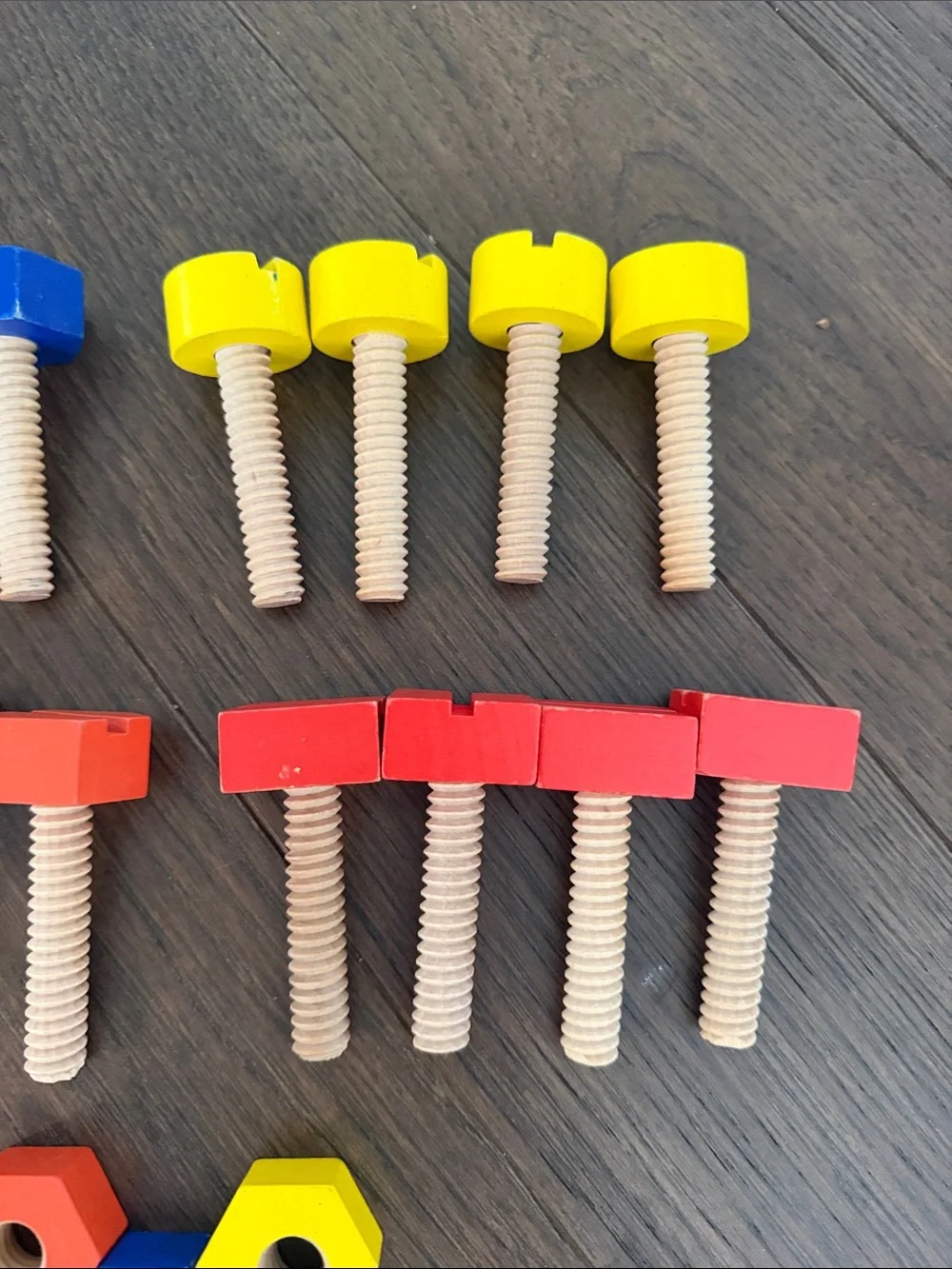 Wooden Bolt and Nut Building Toy Set - Red, Blue, Yellow